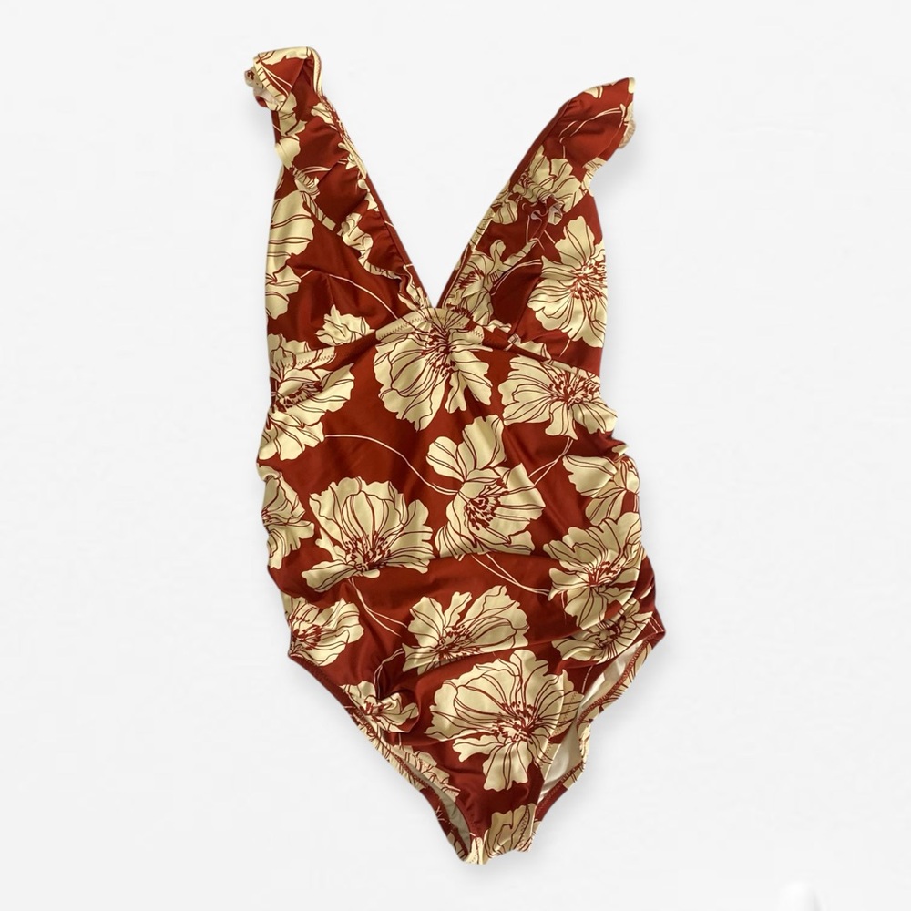 GAP Red and Cream floral one-piece plunge maternity Swimsuit L